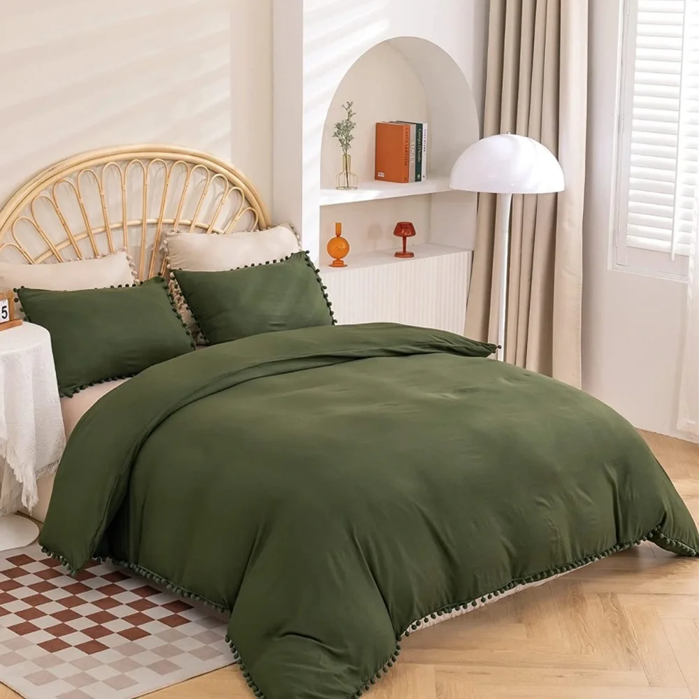 - New OLIVE GREEN Pom Pom Fringe Duvet Cover Set